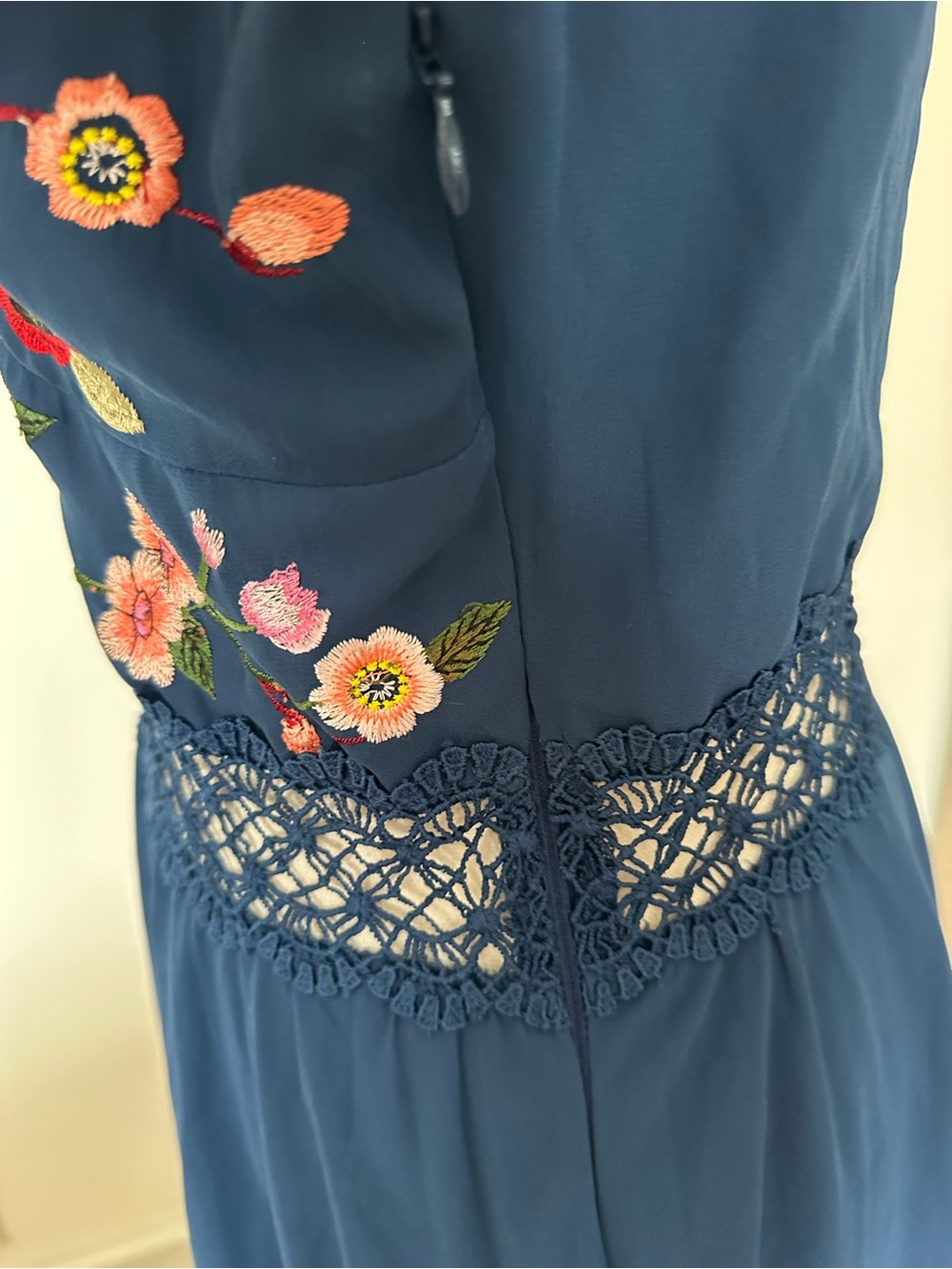 Cottagecore Boho Navy Floral Embroidered Crochet Lace Dress 8 Romantic Fairycore - Picture 10 of 14